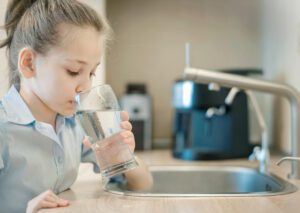 young girl drinking glass of water after backflow testing